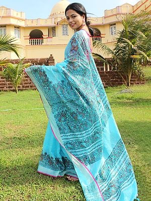 Blue-Grotto Pure Linen Cotton Madhubani Art Saree With All-Over Peacock And Floral Hand-Painted Work