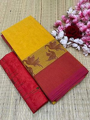 Misted-Marigold Chettinadu Pure Cotton Saree With Red Blouse And Bird Pattern Border