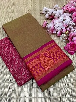 Antique-Bronze Chettinadu Pure Cotton Paisley Motif Border Plain Saree With Floral Jaal Pattern Blouse