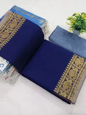 Royal-Blue Chettinadu Pure Cotton Saree With Peacock Zari Weave Border And Blouse