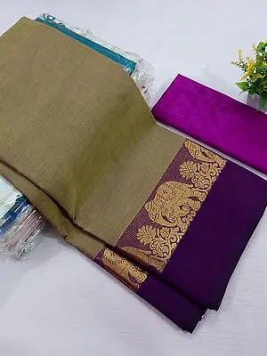 Green-Olive Chettinadu Pure Cotton Peacock Zari Border Plain Saree With Blouse