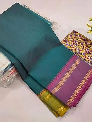 Brittany-Blue Chettinadu Pure Cotton Plain Saree With Zari Weave Border And Floral Pattern Blouse