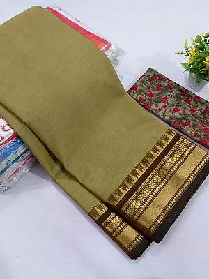 Evergreen-Spring Chettinadu Pure Cotton Plain Saree With Zari Work Border And Phool Bail Pattern Blouse
