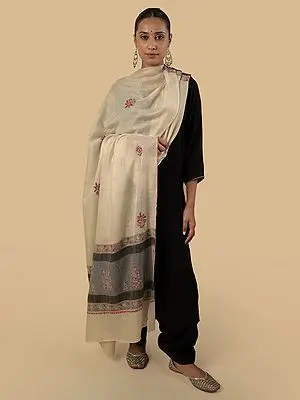 Dutch-white Cashmere Shawl with Boti Dar Sozni Embroidery