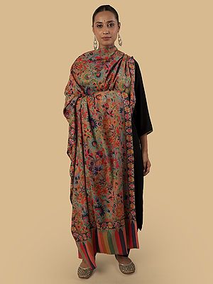 Khaki Stole with Multicolor Kalamkari Embroidery