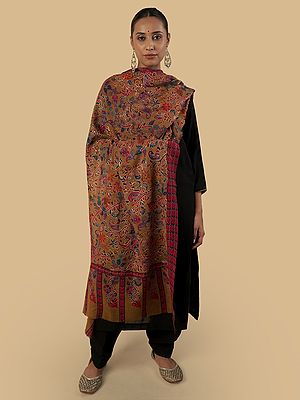 Yellow Ochre Woolen Stole with Multicolor Details