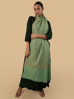 Neptune-Green Cashmere Shawl with Kalka Floral Jaaldar Sozni Embroidery