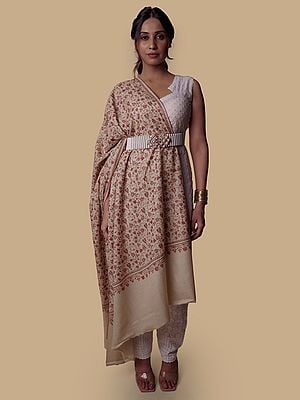 Pashmina Powder Dusty Peach Shawl with All-Over Floral Detailed Kalamkari Embroidery