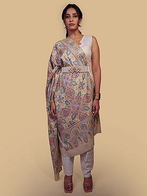 Pashmina Shawl with Multi-colored and Detailed Bota Kalamkari Embroidery in Ivory Base