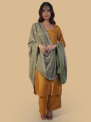 Pashmina Olive Green Shawl with Detailed Sozni Embroidery
