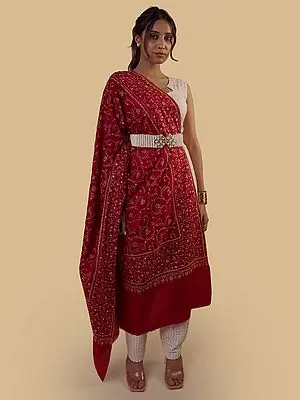 Pashmina Maroon Equestrian Red Shawl with Detailed Floral Kalamkari Embroidery