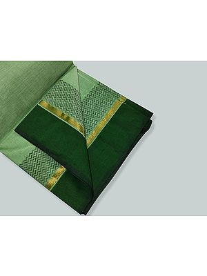 Green Pure Cotton Hand-Woven Chevron Pattern Border Plain Saree