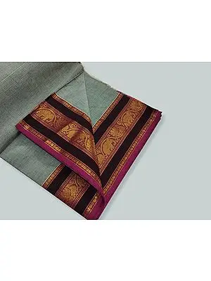 Grey Pure Cotton Plain Saree With Peacock-Elephant Motif Border