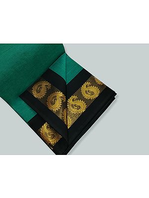 Antique-Green Pure Cotton Handwoven Saree With Zari Work Bold Pasley Pattern Border
