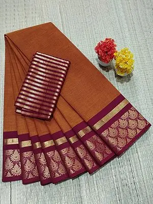 Golden-Oak Chettinad Pure Cotton Plain Saree With Blouse