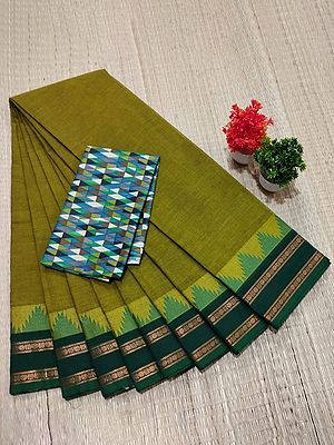 Going-Green Chettinad Pure Cotton Saree With Harlequin Pattern Blouse