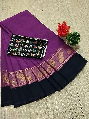 Hyacinth-Violet Chettinad Pure Cotton Plain Saree With Peacock Pattern Border And Patola Pattern Border
