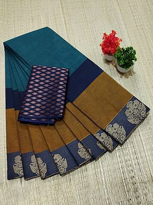 Blue-Sapphire Chettinad Pure Cotton Floral Mughal Pattern Saree With Blouse