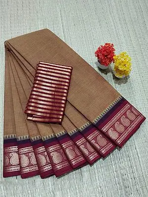 Tawny-Brown Chettinad Pure Cotton Saree With Paisley Motif Border And Blouse