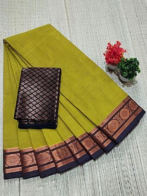 Chettinad Pure Cotton Zari Work Chakra Pattern Border Plain Saree With Blouse