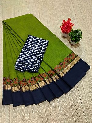 Green Chettinad Pure Cotton Plain Saree With Blouse And Phool Bail Pattern Border