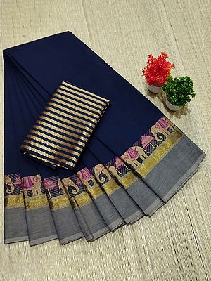 Nevy-Blue Chettinad Pure Cotton Saree And Elephant Motif Border With Blouse