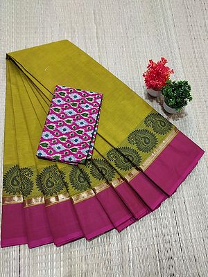 Grenoble-Green Chettinad Pure Cotton Saree With Bold Paisley Bolder With Ikat Pattern Blouse