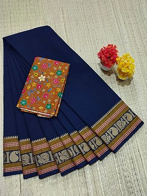 Twilight-Blue Chettinad Pure Cotton Saree With Floral Vine Pattern Blouse