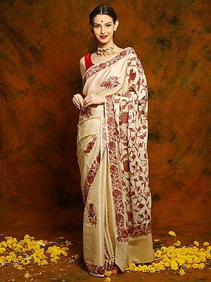 Beige Silk Saree with Floral Motif Ari Embroidery from Kashmir