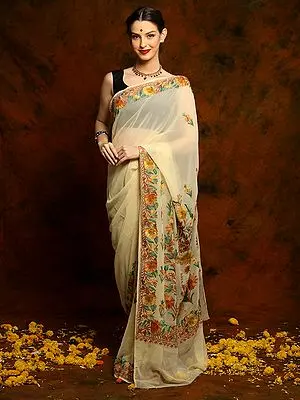 Light Yellow Georgette Saree with Floral Pattern Ari Embroidery from Kashmir