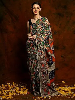 Handloom Chiffon Tangerine Saree with Detailed Kalamkari Artwork Saree