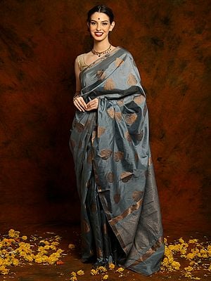 Dark Grey Art Silk Saree with Tree Buttas with Golden Detailed Threadwork Border and Palla