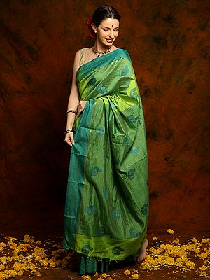 Leaf Green Tussar Silk Saree with Teal Metallic Foil Striped Palla And Border