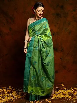 Leaf Green Tussar Silk Saree with Teal Metallic Foil Striped Palla And Border
