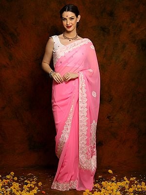 Neon Pink Georgette Saree with White Kalamkari Embroidery