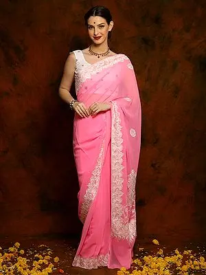 Neon Pink Georgette Saree with White Aari Embroidery