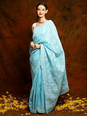 Sky Blue Cotton Saree with Lucknow Chikankari Floral Embroidery