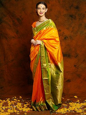 Orange Kanchipuram Saree with Parrot Green Border and Palla with Golden Detailed Traditional Threadwork