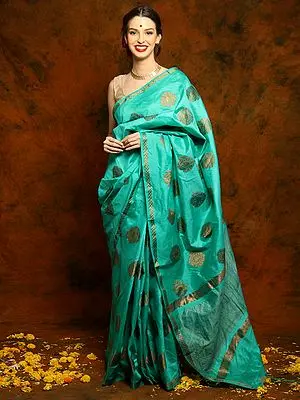 Turquoise Kanchipuram Silk Saree with Tree Buttas