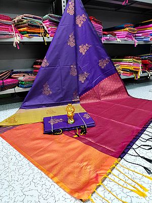 Purple-Opulence Karishma Silk Floral Motif Saree With Blouse And Diamond Pattern Contrast Pallu