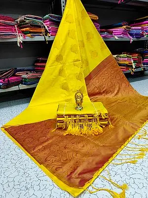 Yellow Hibiscus Flower Butta Karishma silk Saree With Contrast Blouse
