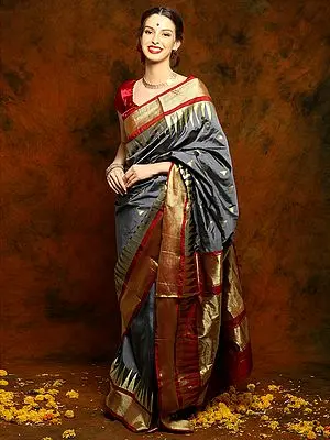 Dark Grey Kanjivaram Silk Saree with Maroon and Golden Border and Rich Palla