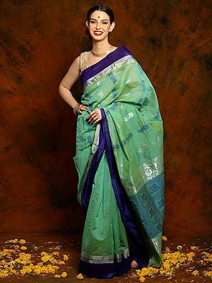 Turquoise Georgette Saree with Royal Blue Brocade Border