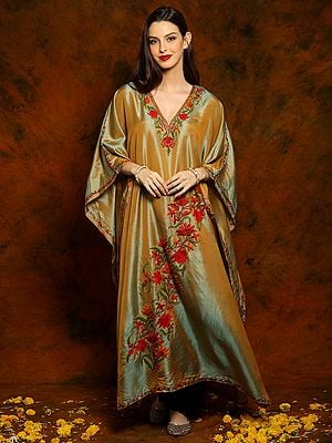 Olive Green Self Shine Silk Kaftan with Floral Aari Embroidery on Neck