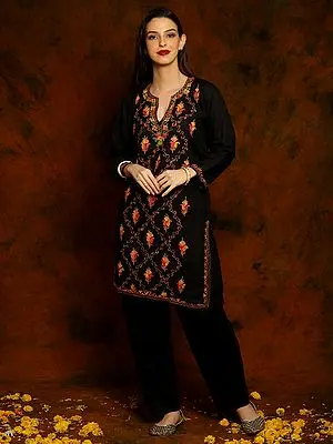 Black Rayon Kashmiri Kurti with Paisley Aari Embroidery
