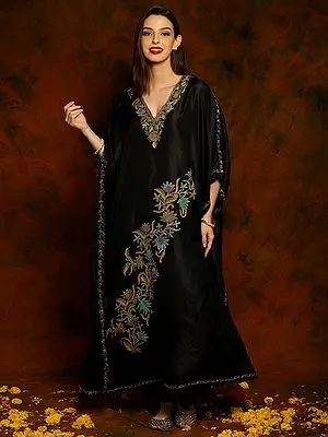 Black Self Shine Silk Kaftan with Floral Aari Embroidery on Neck