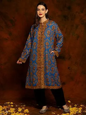 Kashmiri Cobalt Blue Woolen Long Jacket with Detailed Floral and Paisley Aari Embroidery