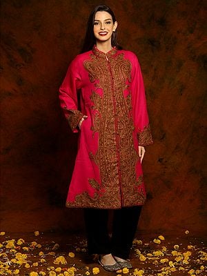 Kashmiri Magenta Pink Woolen Long Jacket with Detailed Floral and Paisley Aari Embroidery