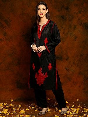 Kashmiri Black Silk Phiran with Paisley Red Aari Embroidery