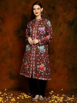 Kashmiri Chocolate Brown Woolen Long Jacket with Detailed Floral and Paisley Aari Embroidery